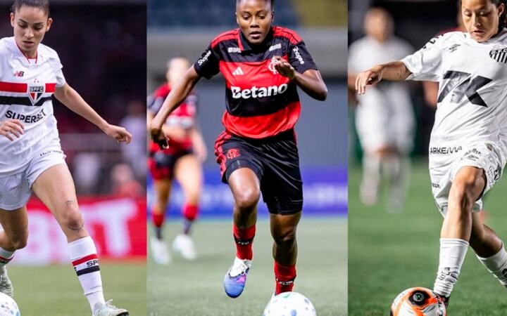 Montagem divulgada pela EBC com Isa, Kaylane e Evelin Bonifácio em campo